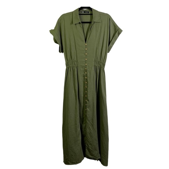 ZARA Dress Midi Shirt Wooden Button Down Olive Green Johnny Collar Elastic Waist - Picture 4 of 10